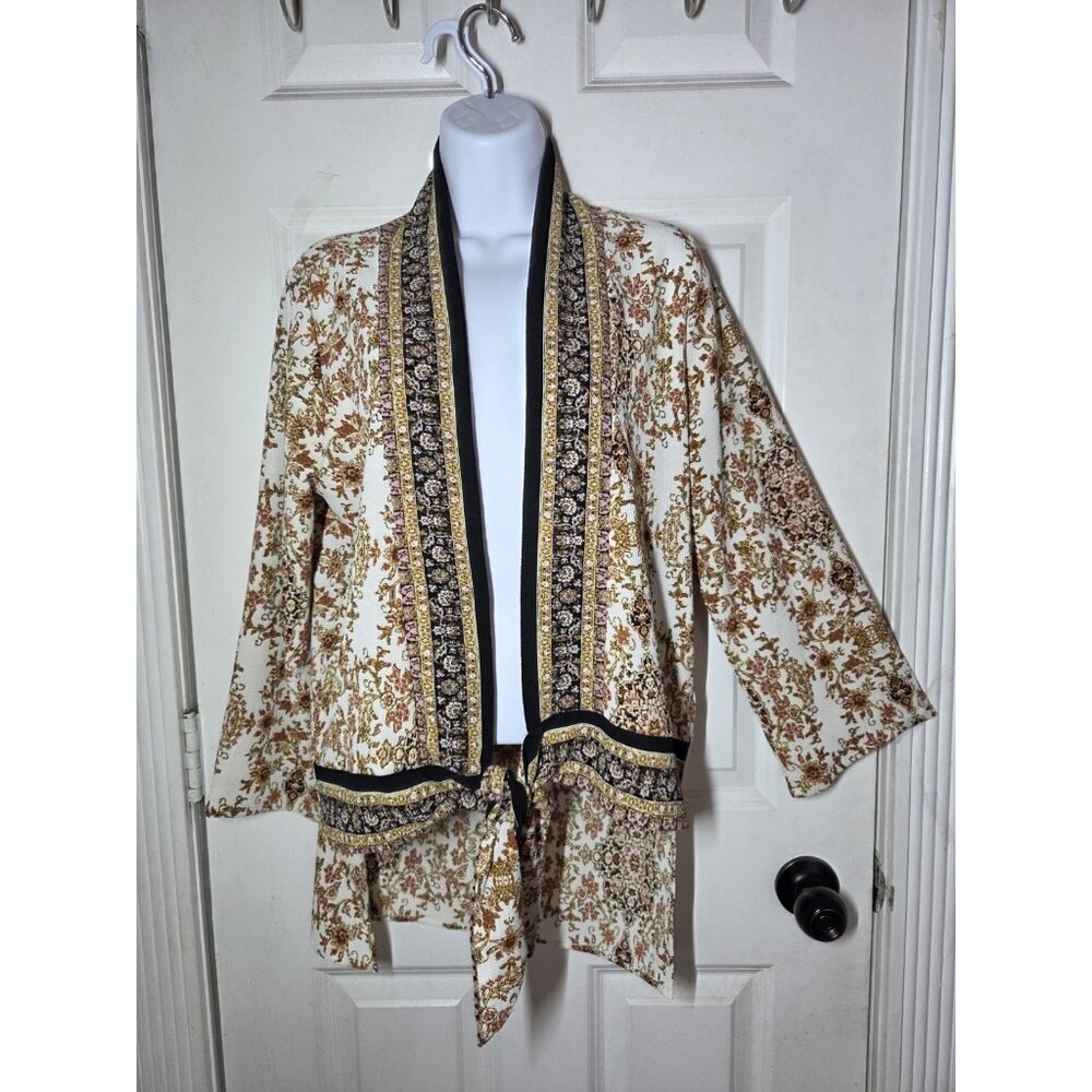 Willow & Root Open Cardigan Top Long Sleeve Top Brown Black Waist Tie Stretchy M